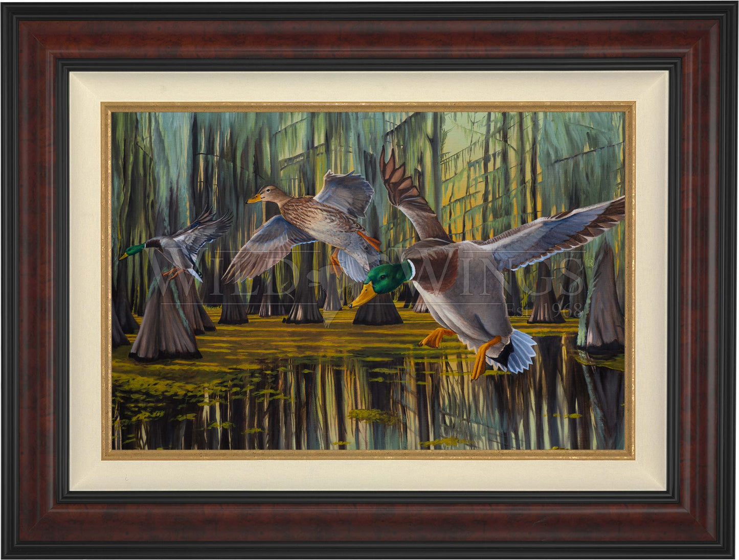 Framed painting of flying birds over the river