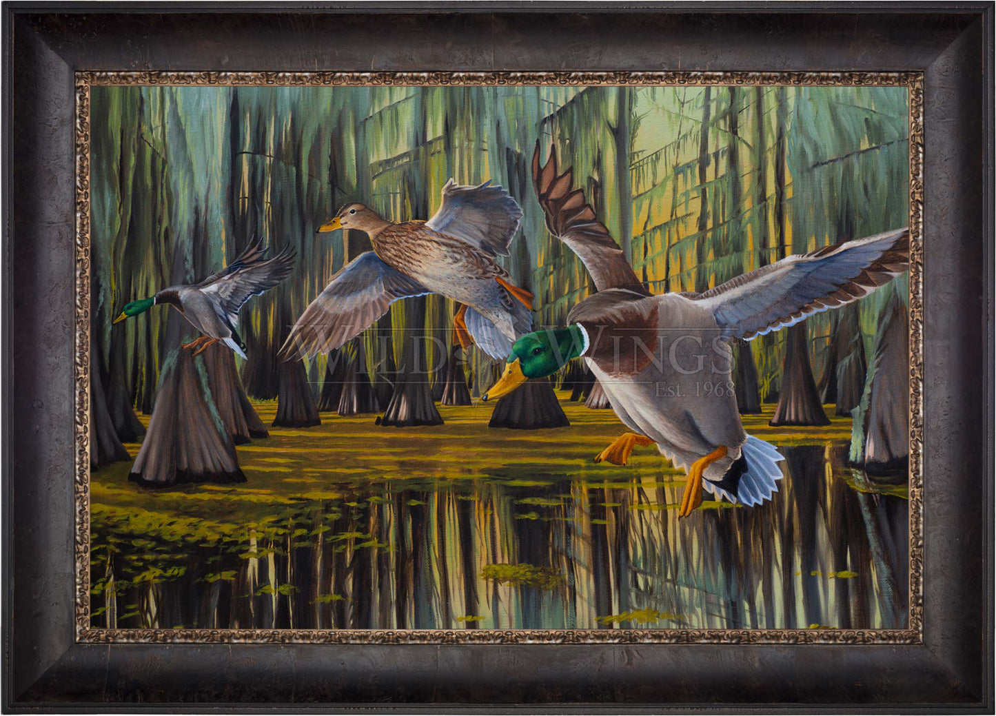 Framed painting of flying birds over the river