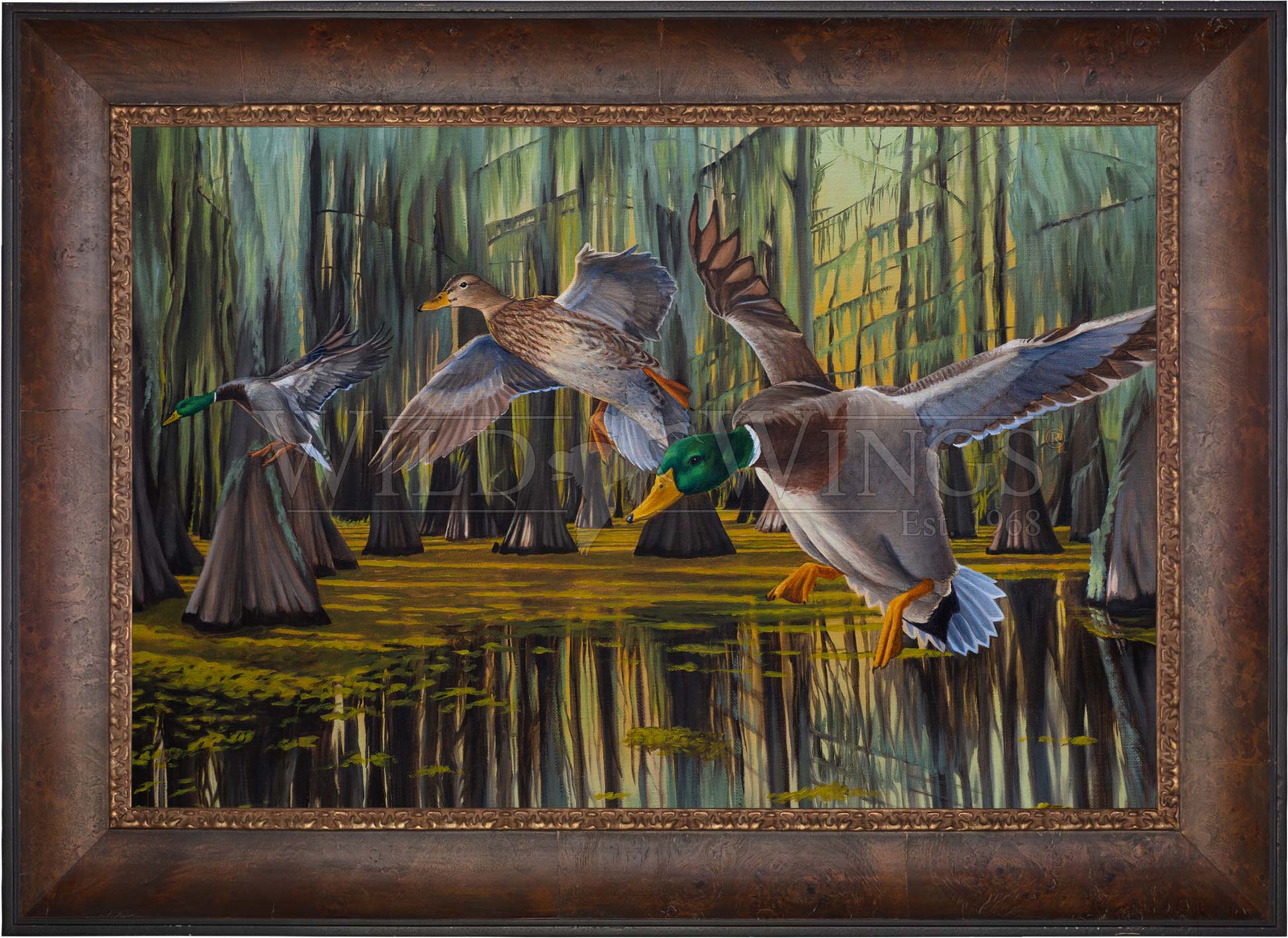 Framed painting of flying birds over the river