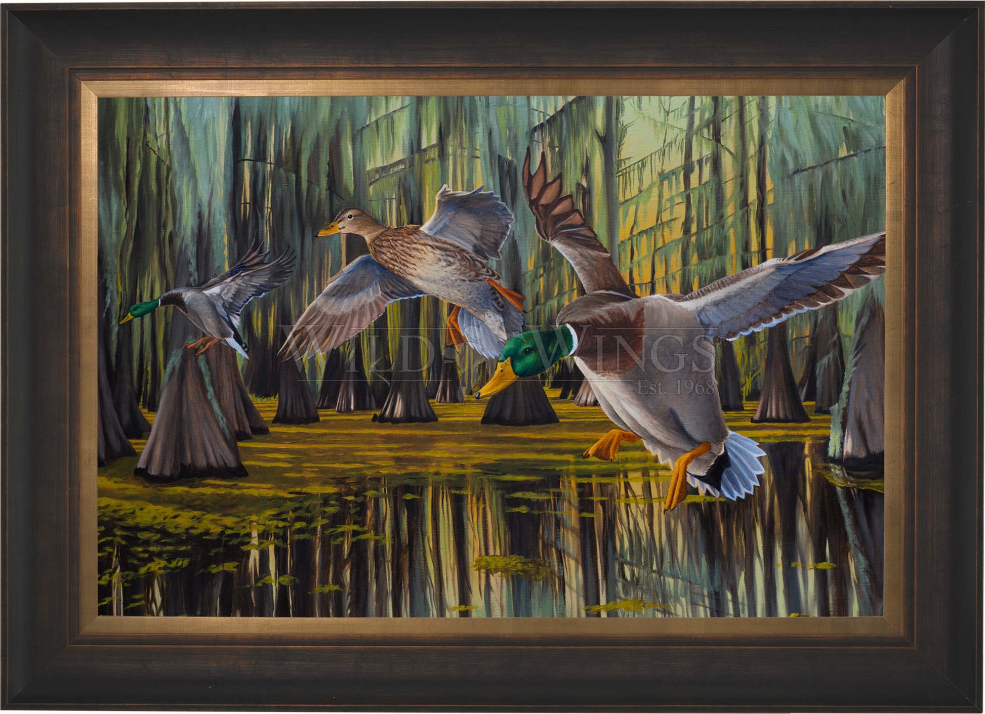 Framed painting of flying birds over the river