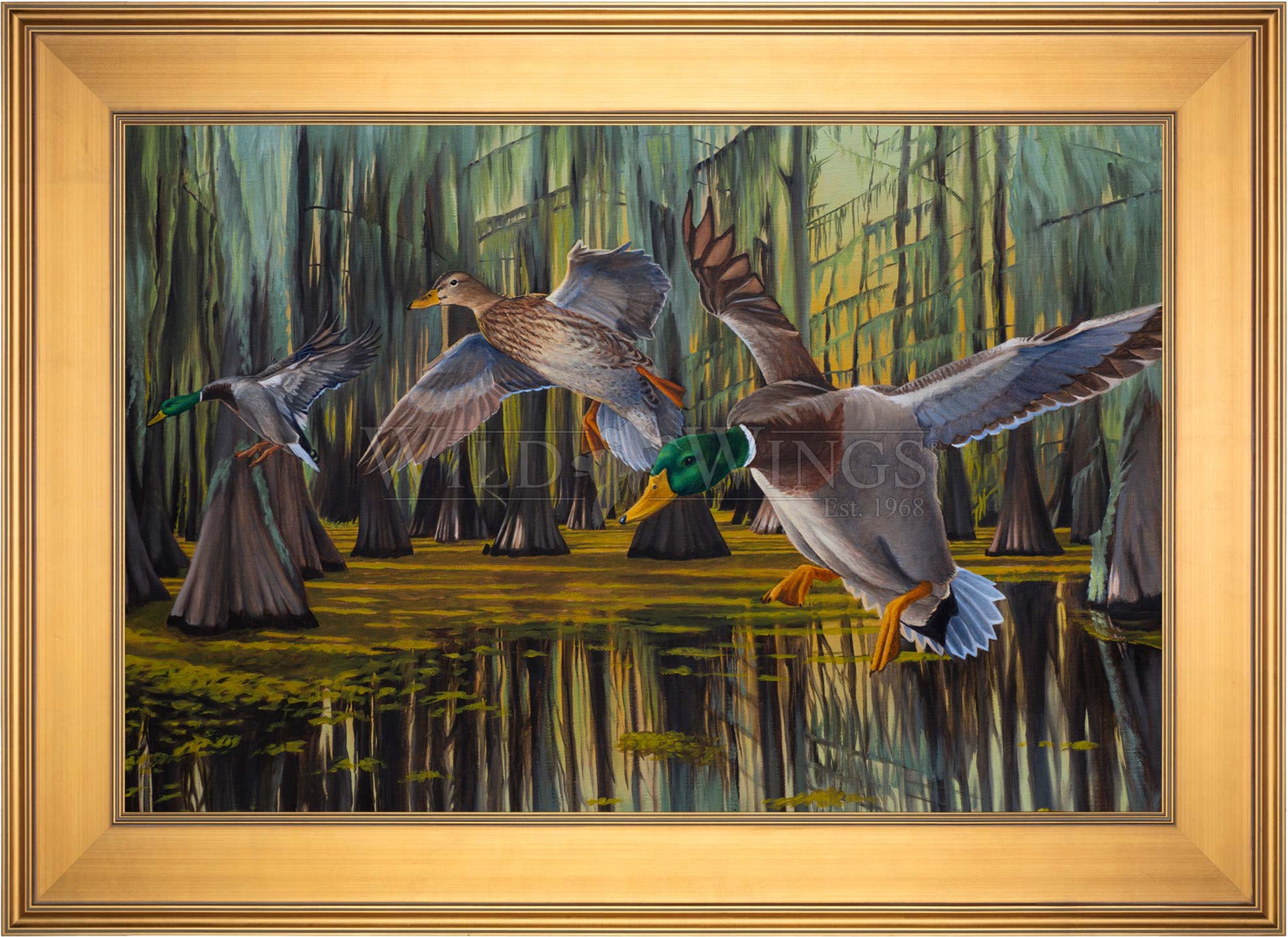 Framed painting of flying birds over the river