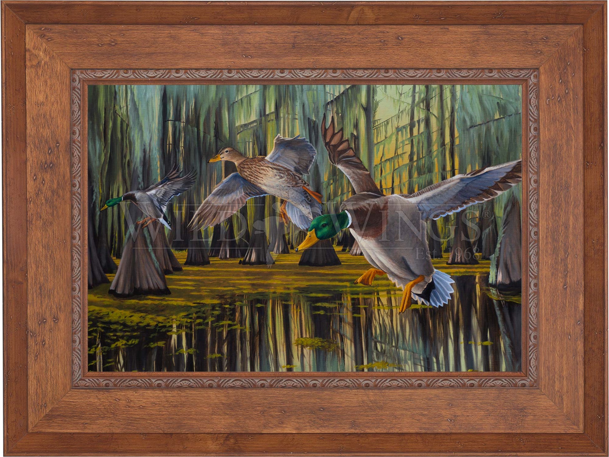 Framed painting of flying birds over the river