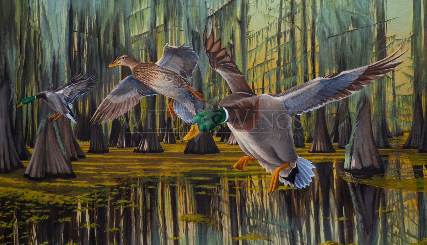 A painting of flying birds over the river