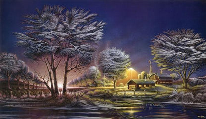A painting of early morning with trees