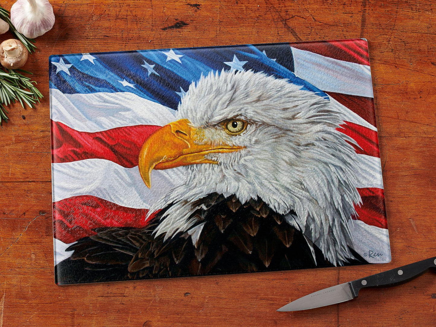 Painting of an eagle with the American flag behind
