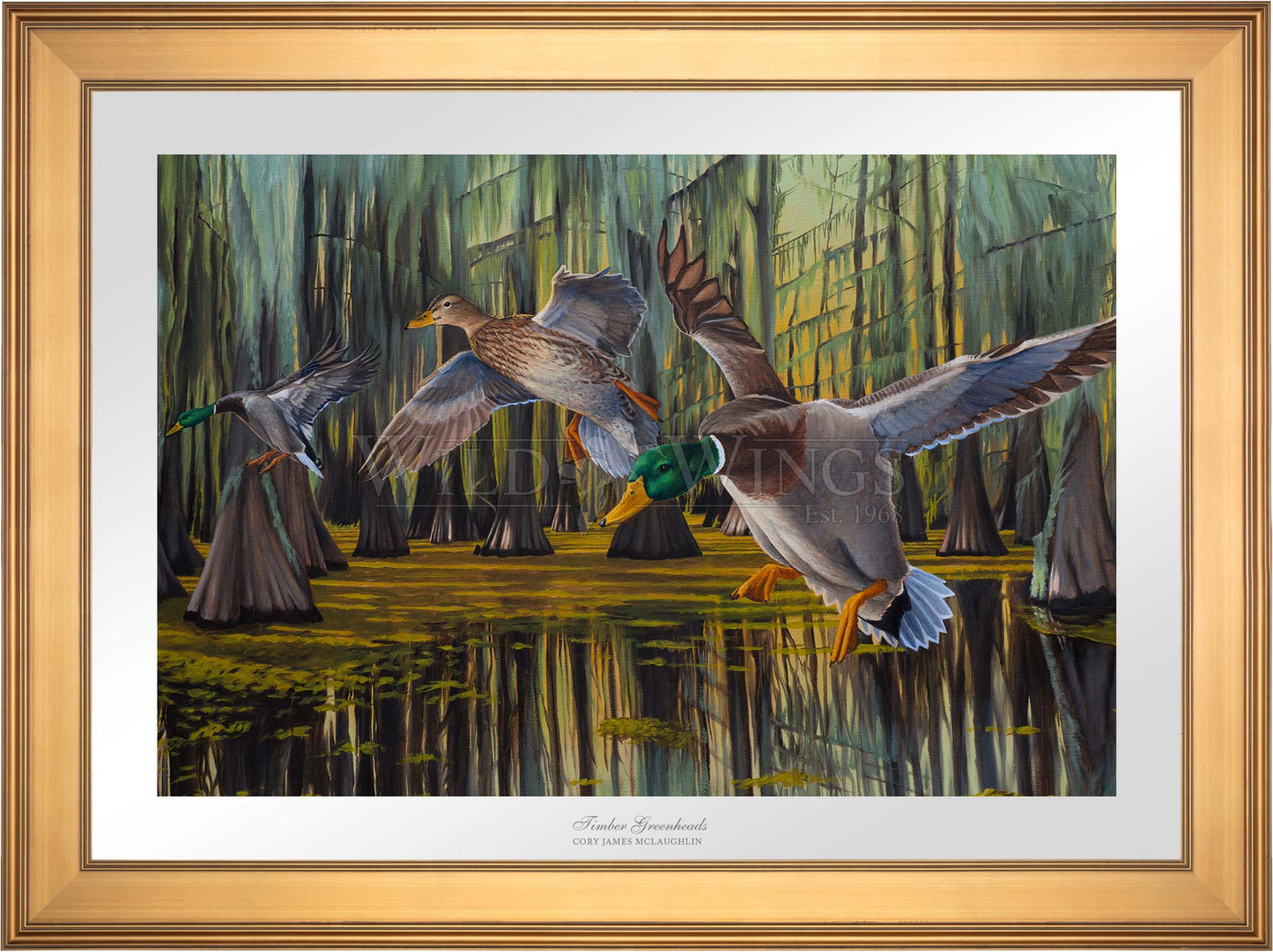 Framed painting of flying birds over the river
