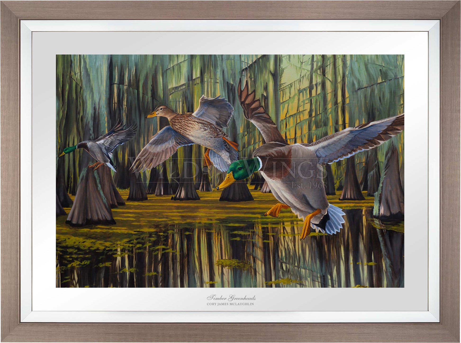 Framed painting of flying birds over the river