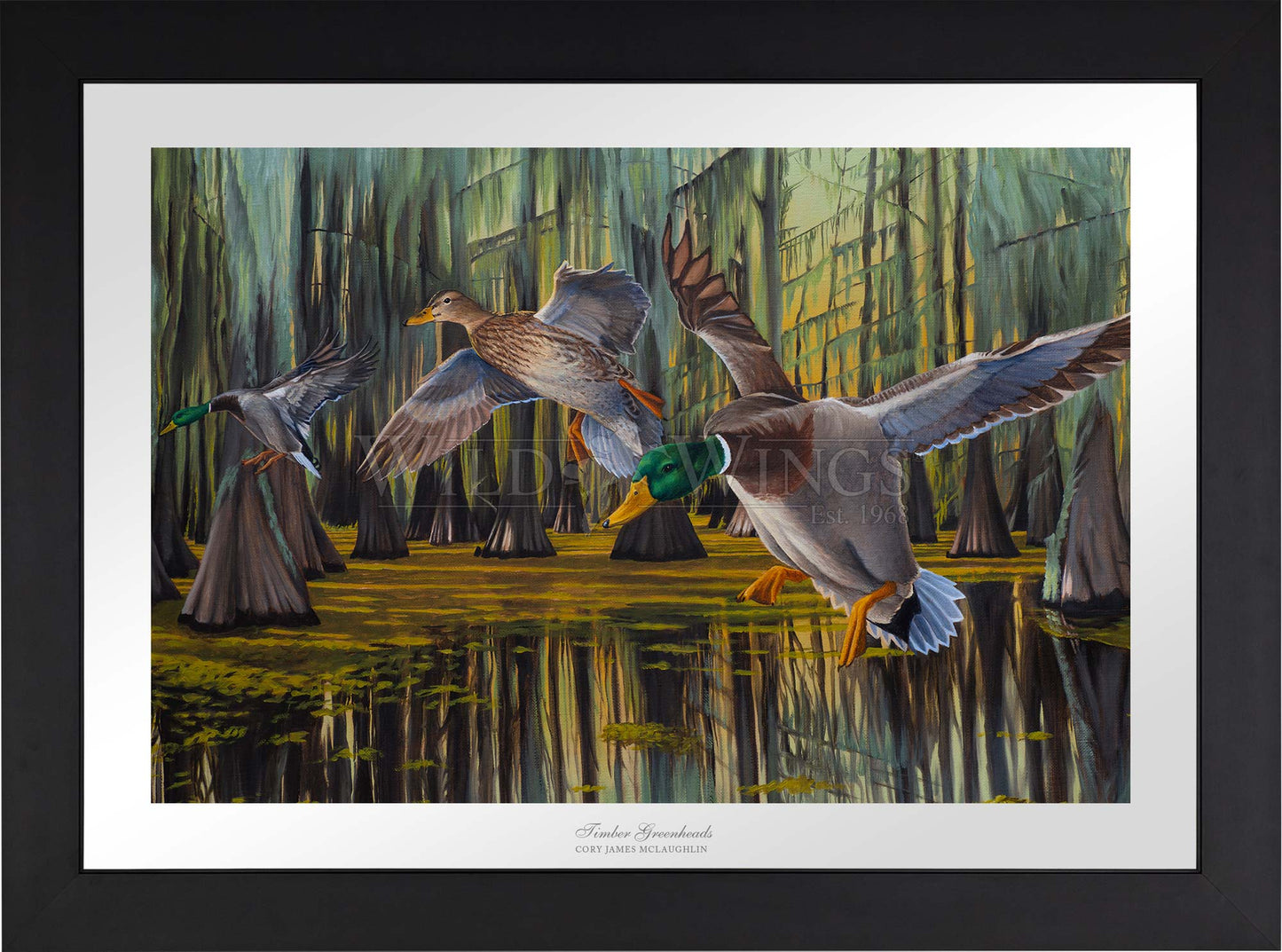 Framed painting of flying birds over the river