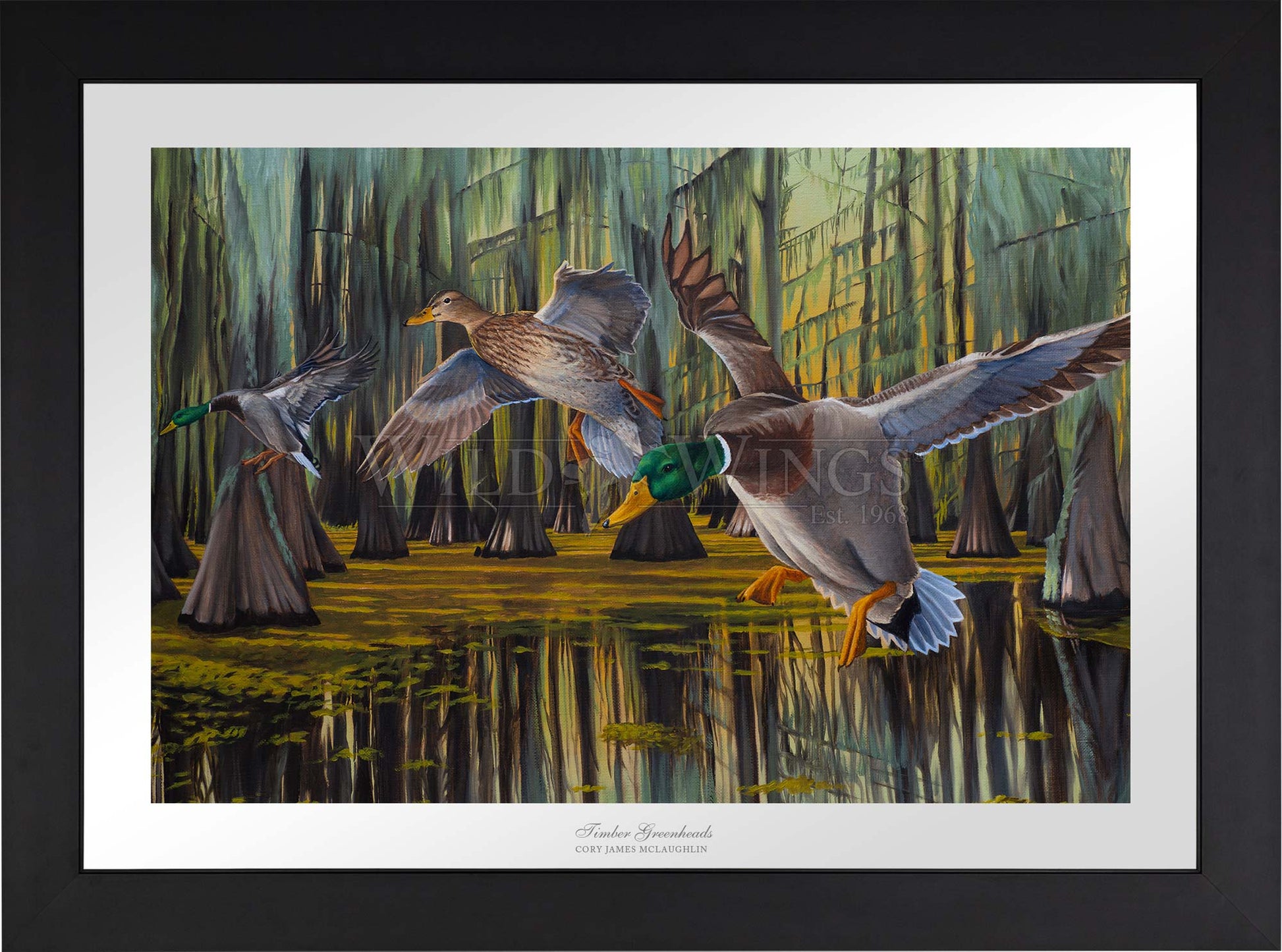 Framed painting of flying birds over the river