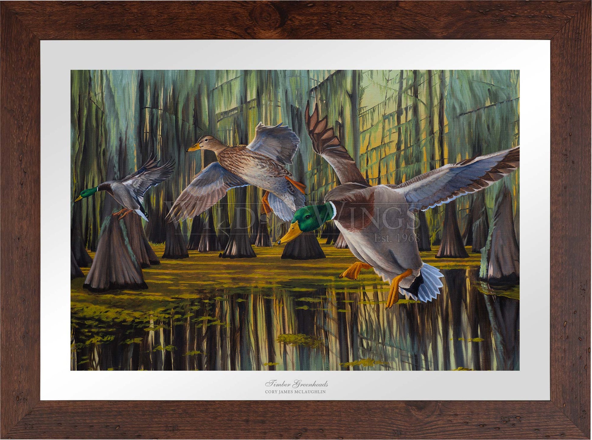 Framed painting of flying birds over the river