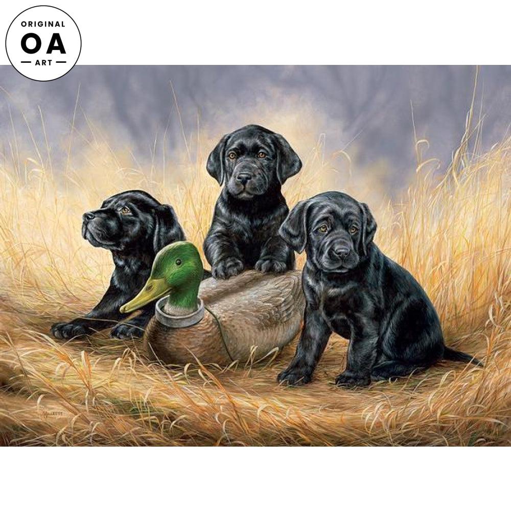 Ready for Class - Black Lab Puppies - 18" x 24" Original Acrylic Painting