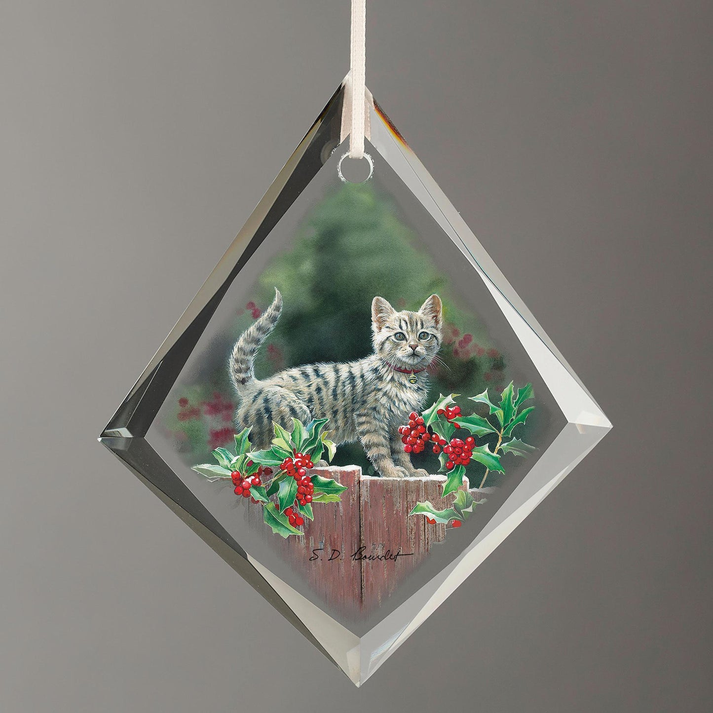 Kitten and Holly - Tear Drop Glass Ornament