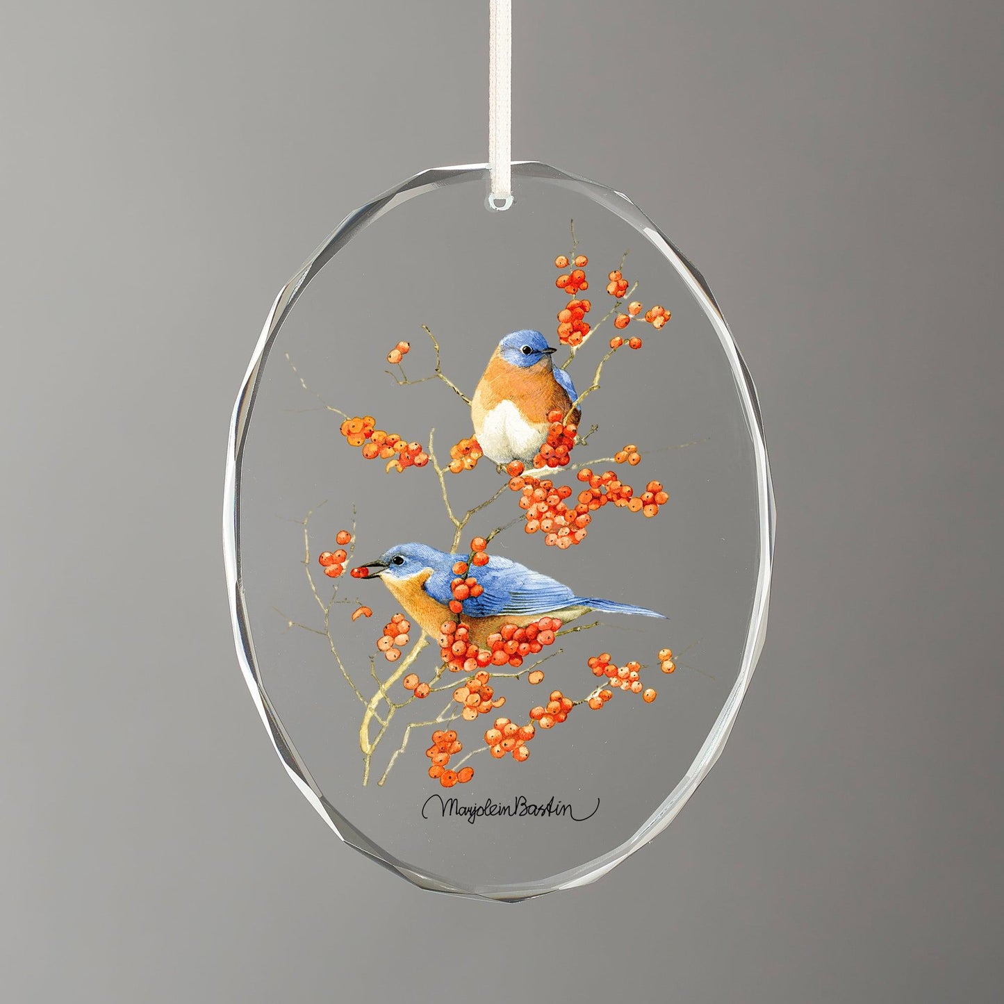 Feasting Bluebirds Oval Glass Ornament - Wild Wings