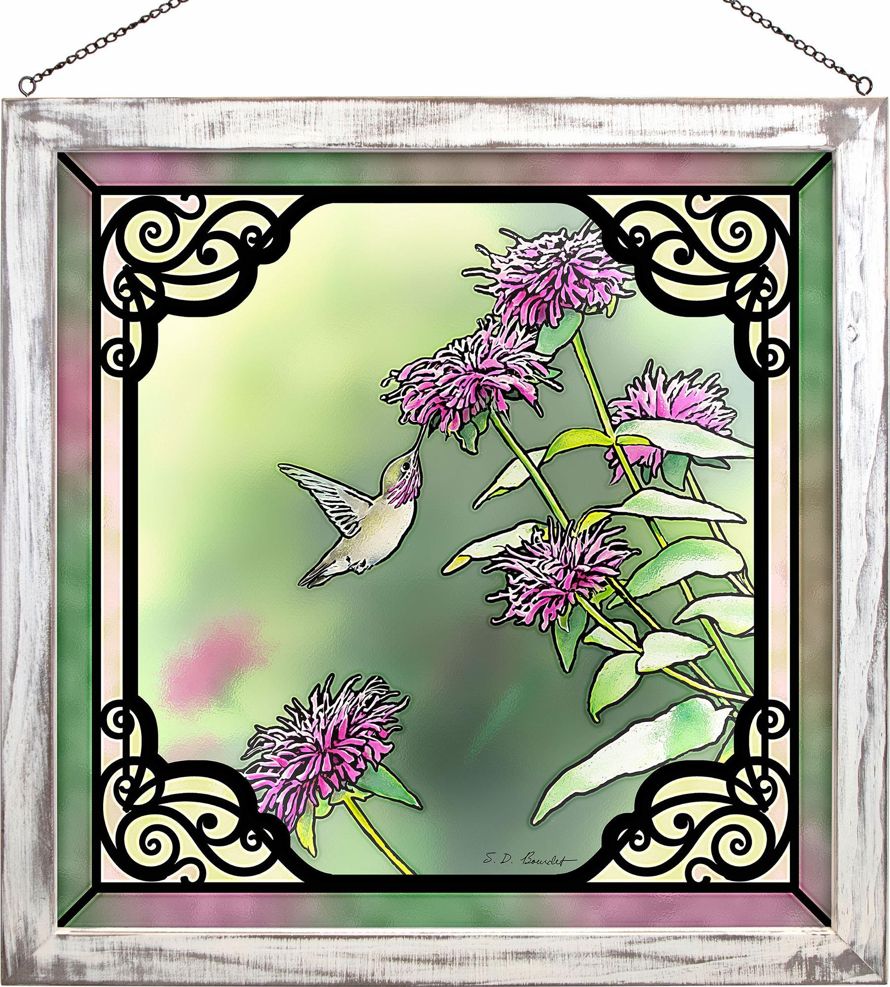 Calliope Hummingbird in Bee Balm Stained Glass Art - Wild Wings