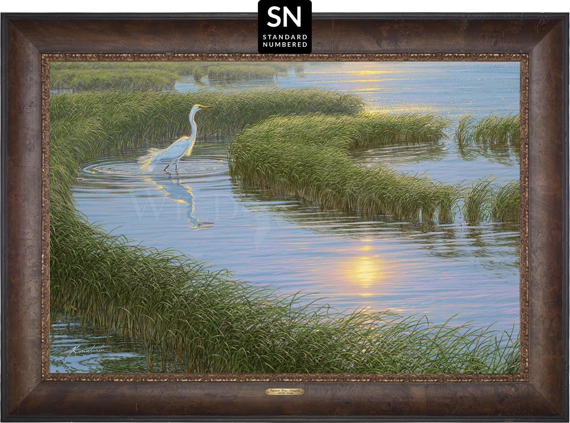 Evening Solitude—White Egret; Standard Numbered Edition (SN) Master Artisan Canvas - Wild Wings