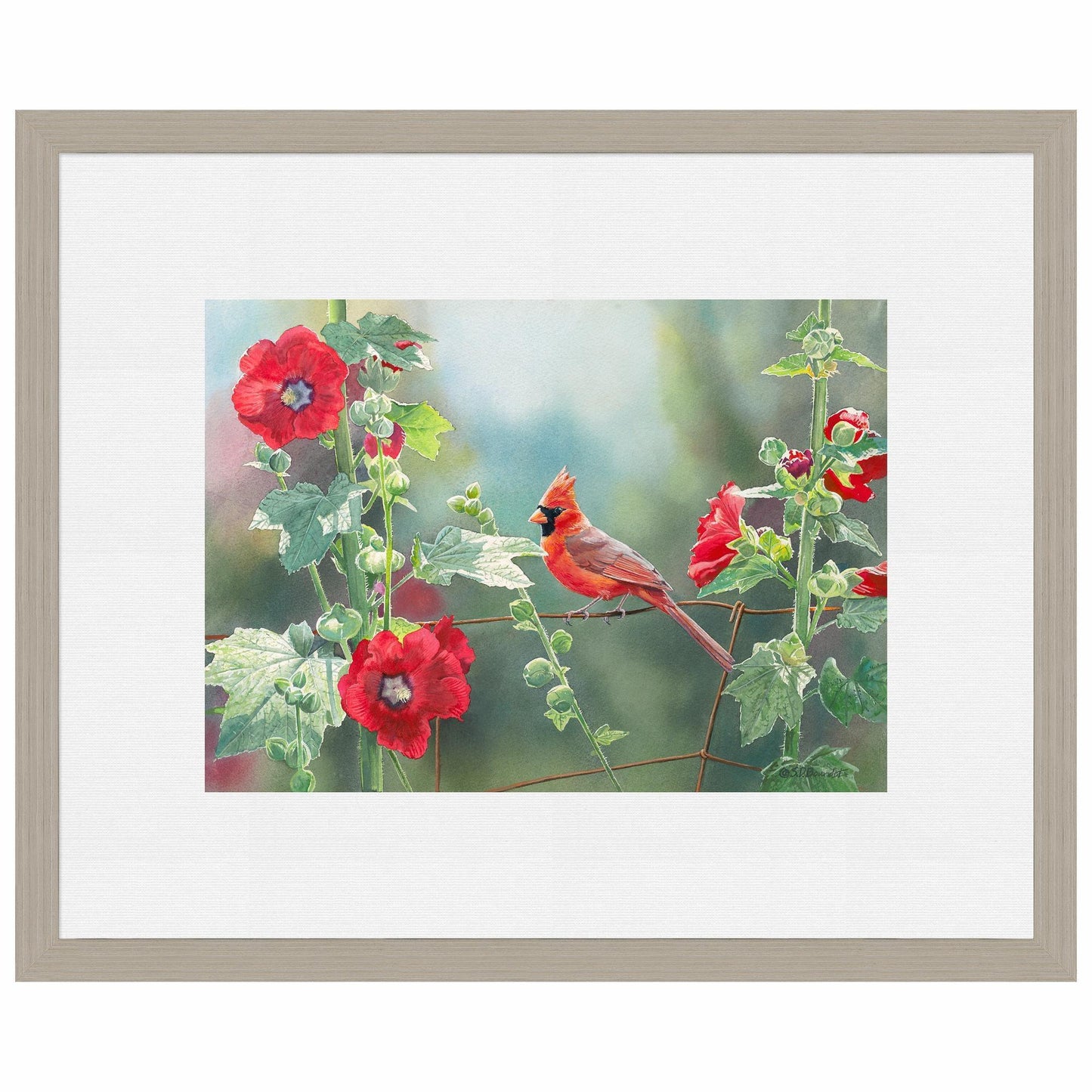 Cardinal and Hollyhocks