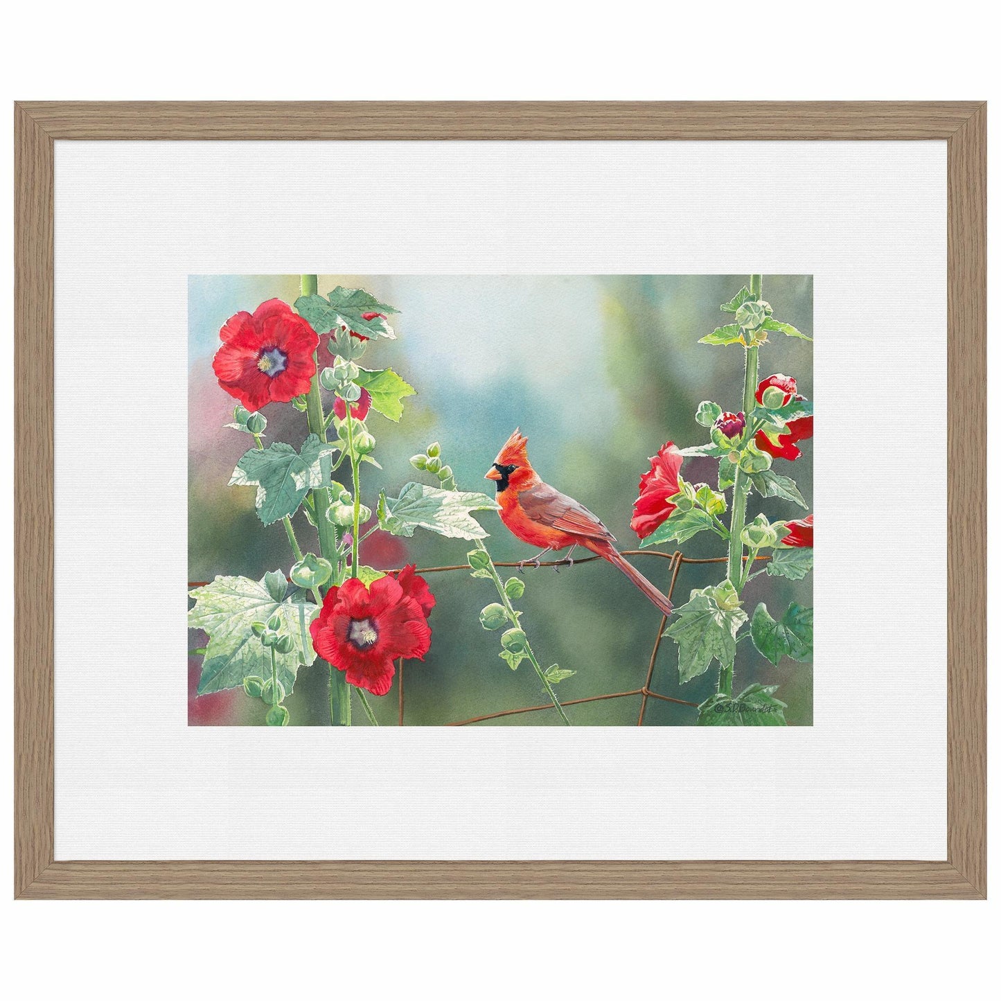 Cardinal and Hollyhocks