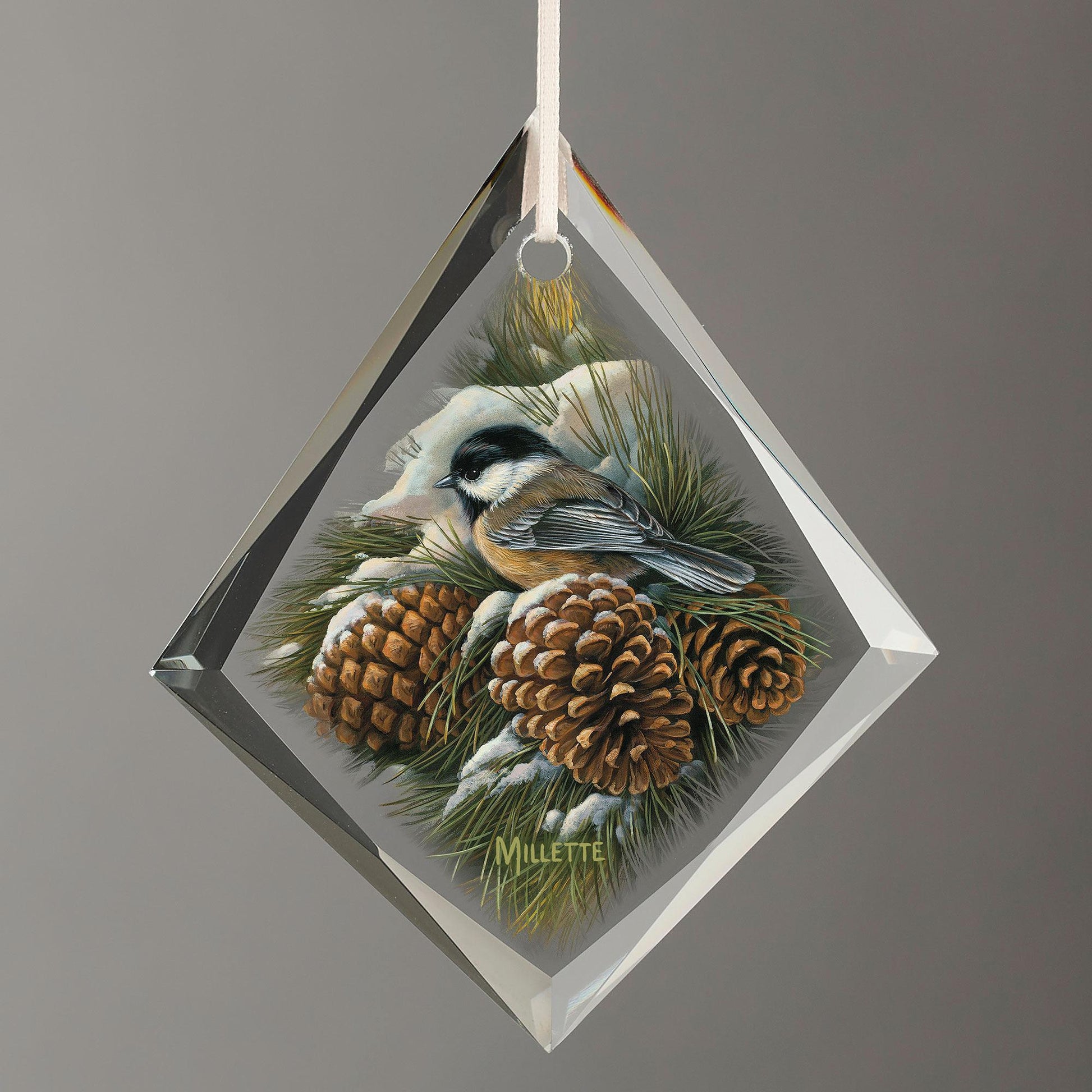 December Dawn - Chickadee Tear Drop Glass Ornament - Wild Wings